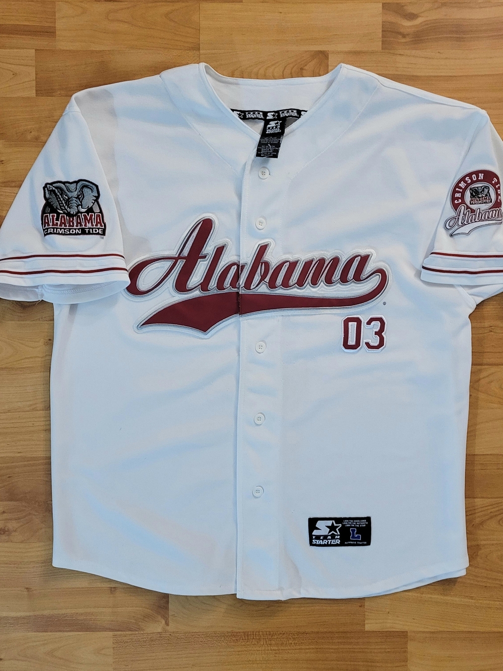 STARTER Alabama Crimson Tide LARGE White Baseball Jersey Maroon Trim & Spellout